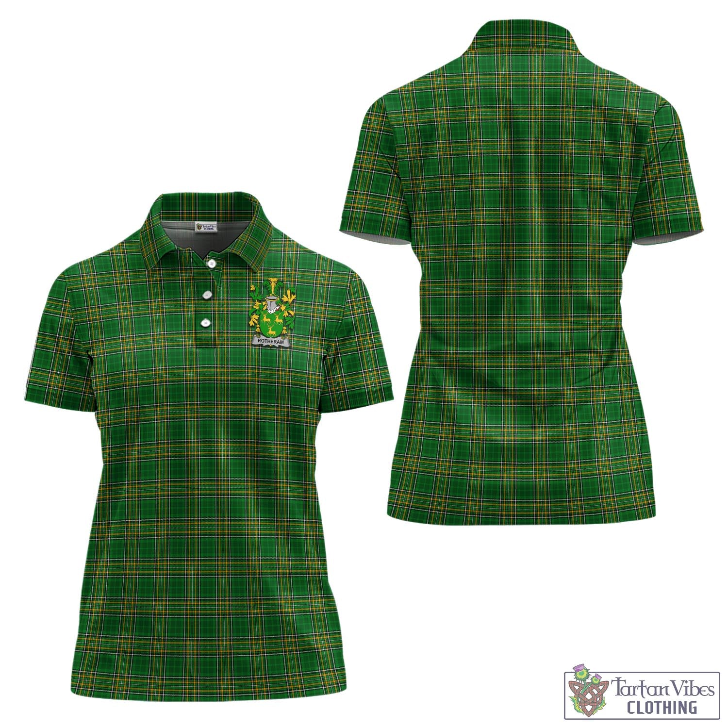 Tartan Vibes Clothing Rotheram Ireland Clan Tartan Women's Polo Shirt with Coat of Arms