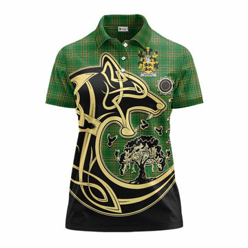 Rourke Irish Tartan Women's Polo Shirt with Coat of Arms Celtic Wolf Style