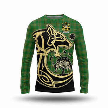 Rourke Irish Tartan Long Sleeve T-Shirt with Coat of Arms Celtic Wolf Style