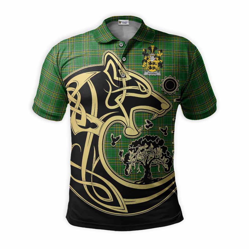 Tartan Vibes Clothing Rourke Irish Tartan Polo Shirt with Coat of Arms Celtic Wolf Style