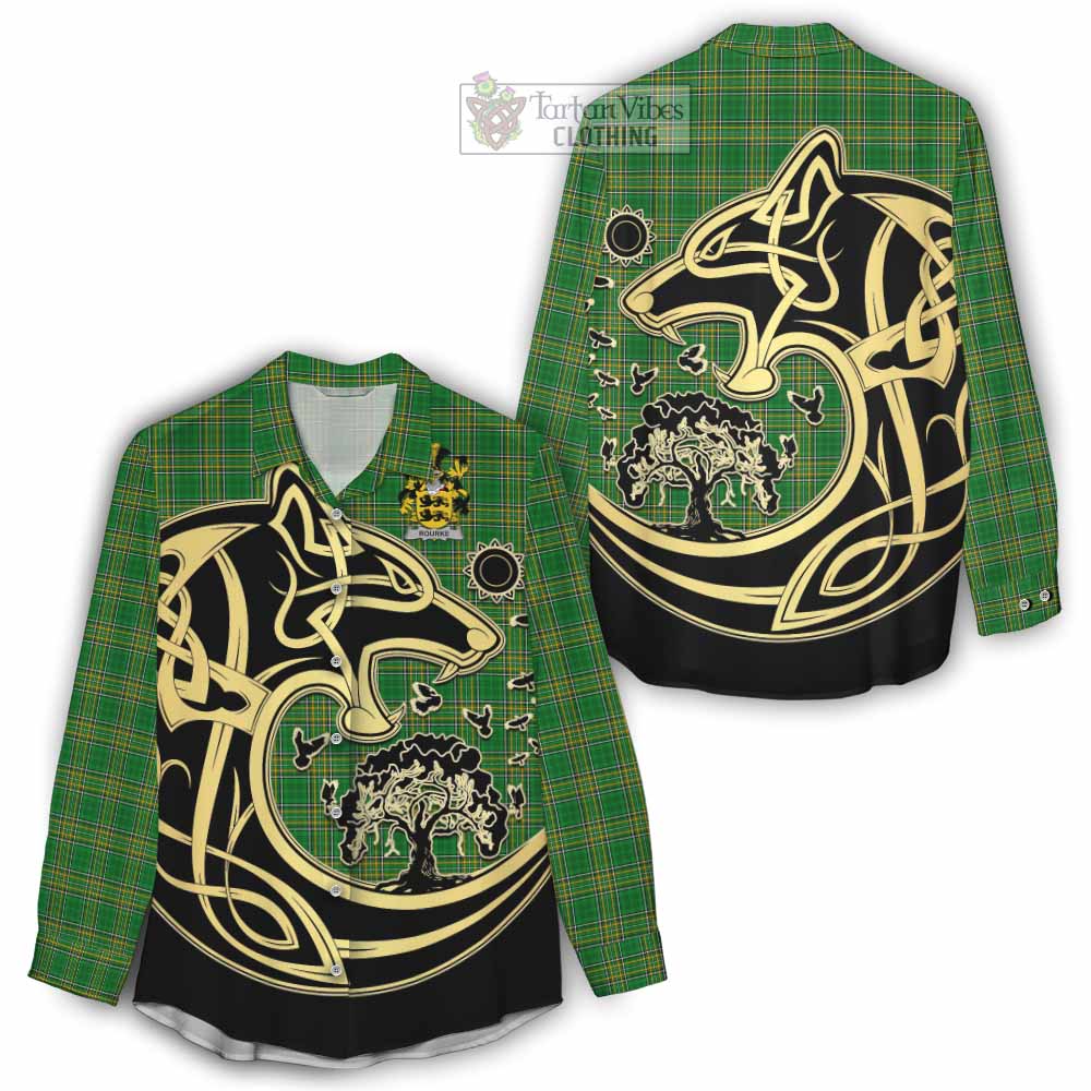 Tartan Vibes Clothing Rourke Irish Tartan Women's Casual Shirt with Coat of Arms Celtic Wolf Style