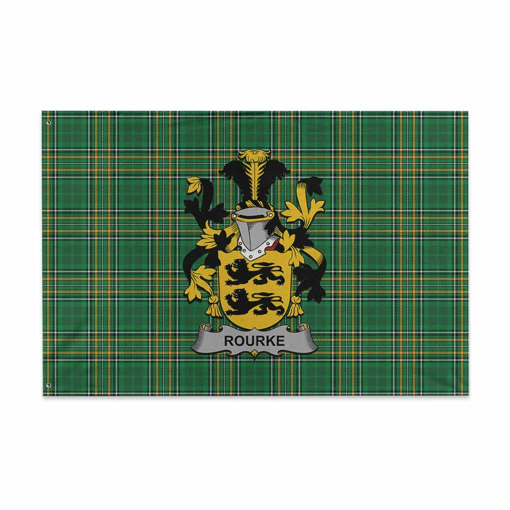 Tartan Vibes Clothing Rourke Irish Clan Tartan House Flag with Coat of Arms