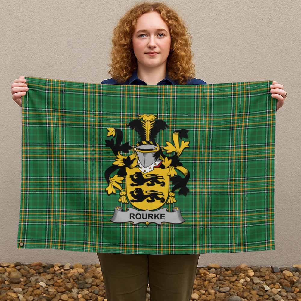 Tartan Vibes Clothing Rourke Irish Clan Tartan House Flag with Coat of Arms