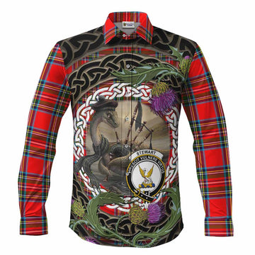 Royal Stewart Tartan Crest Bagpipe Nessie Long Sleeve Button Shirts Scottish Loch Ness Monster Celtic Thistle