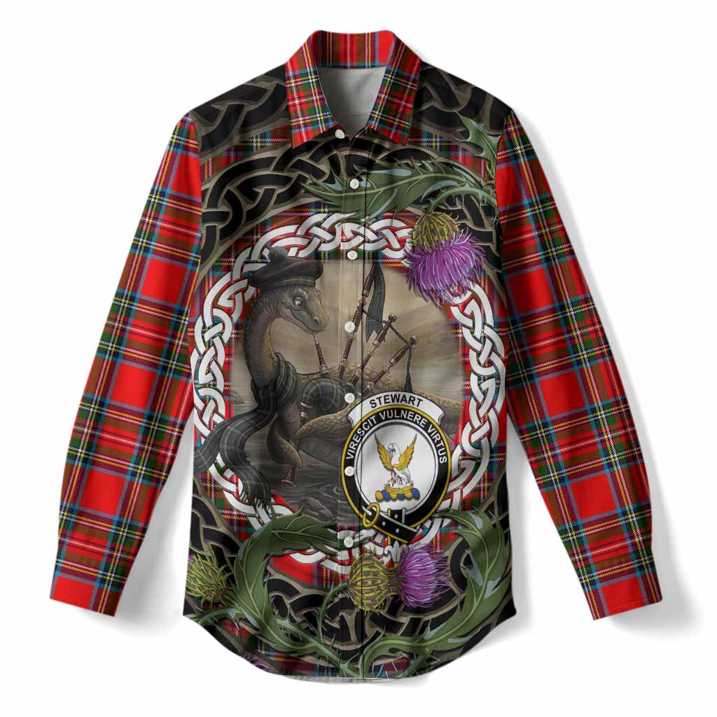 Royal Stewart Tartan Crest Bagpipe Nessie Women Casual Shirt Scottish Loch Ness Monster Celtic Thistle
