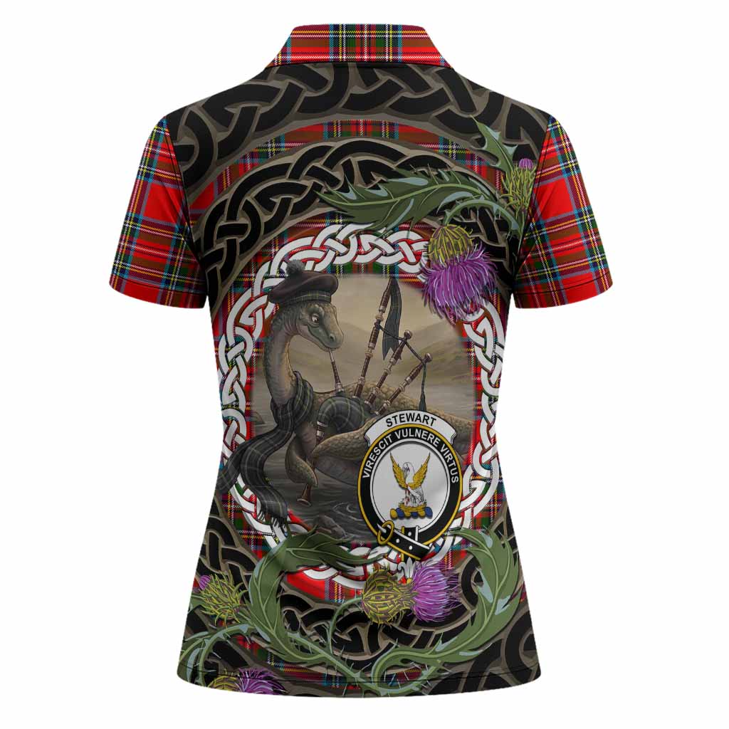 Royal Stewart Tartan Crest Bagpipe Nessie Women Polo Shirt Scottish Loch Ness Monster Celtic Thistle