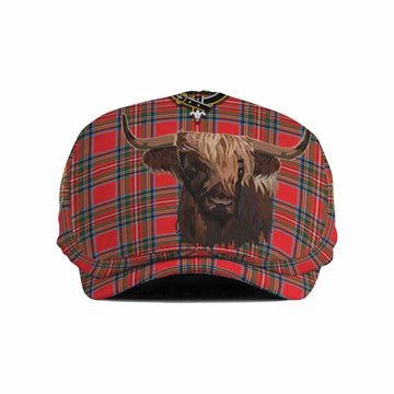Royal Stewart Tartan Crest Flat Cap, Jeff Cap Scotland Heilan Coo Tartan Seamless Style