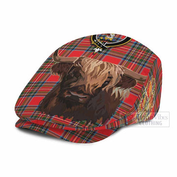 Royal Stewart Tartan Crest Flat Cap, Jeff Cap Scotland Heilan Coo Tartan Seamless Style