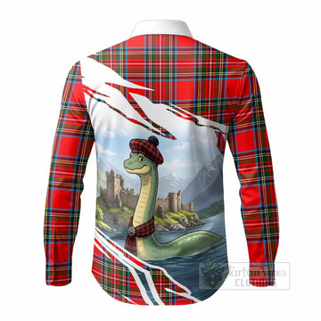 Royal Stewart Tartan Crest Loch Ness Monster Scottish Heritage Art Long Sleeve Button Shirts