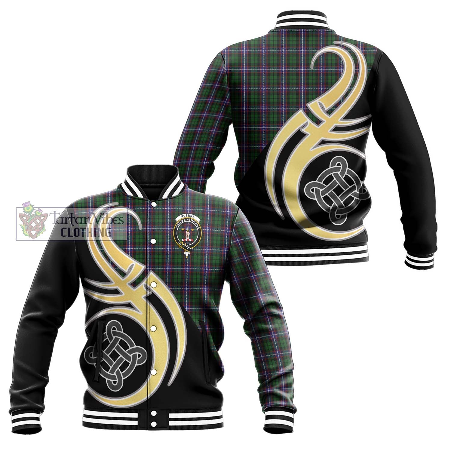 Russell Tartan Baseball Jacket with Family Crest and Celtic Symbol Style Unisex - Tartan Vibes Clothing