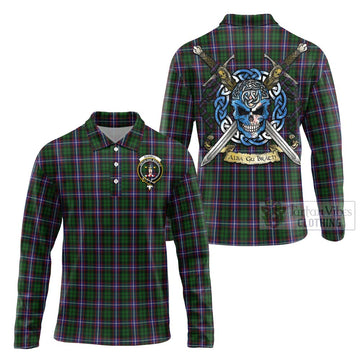 Russell Tartan Long Sleeve Polo Shirt with Family Crest Celtic Skull Style Unisex - Tartan Vibes Clothing