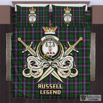 Tartan Vibes Clothing Russell Tartan Bedding Set with Clan Crest and the Golden Sword of Courageous Legacy