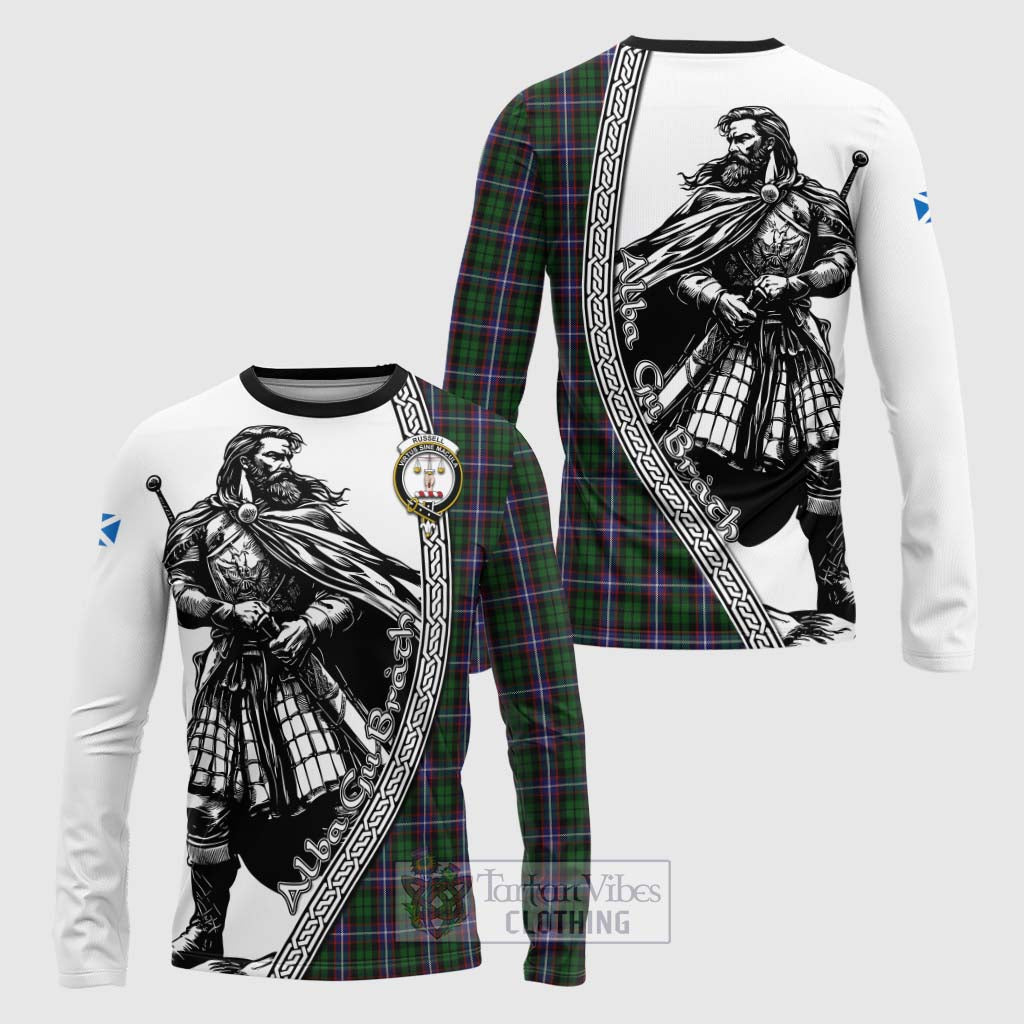 Russell Tartan Clan Crest Long Sleeve T-Shirt with Highlander Warrior Celtic Style Unisex - Tartan Vibes Clothing