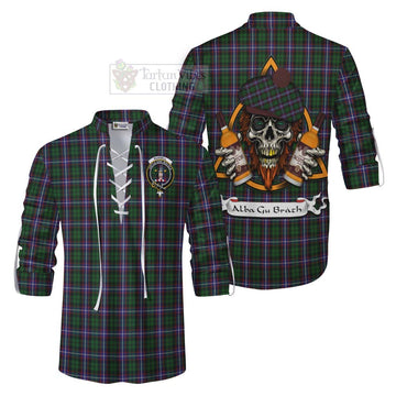 Russell Tartan Ghillie Kilt Shirt with Family Crest and Bearded Skull Holding Bottles of Whiskey Men - Tartan Vibes Clothing