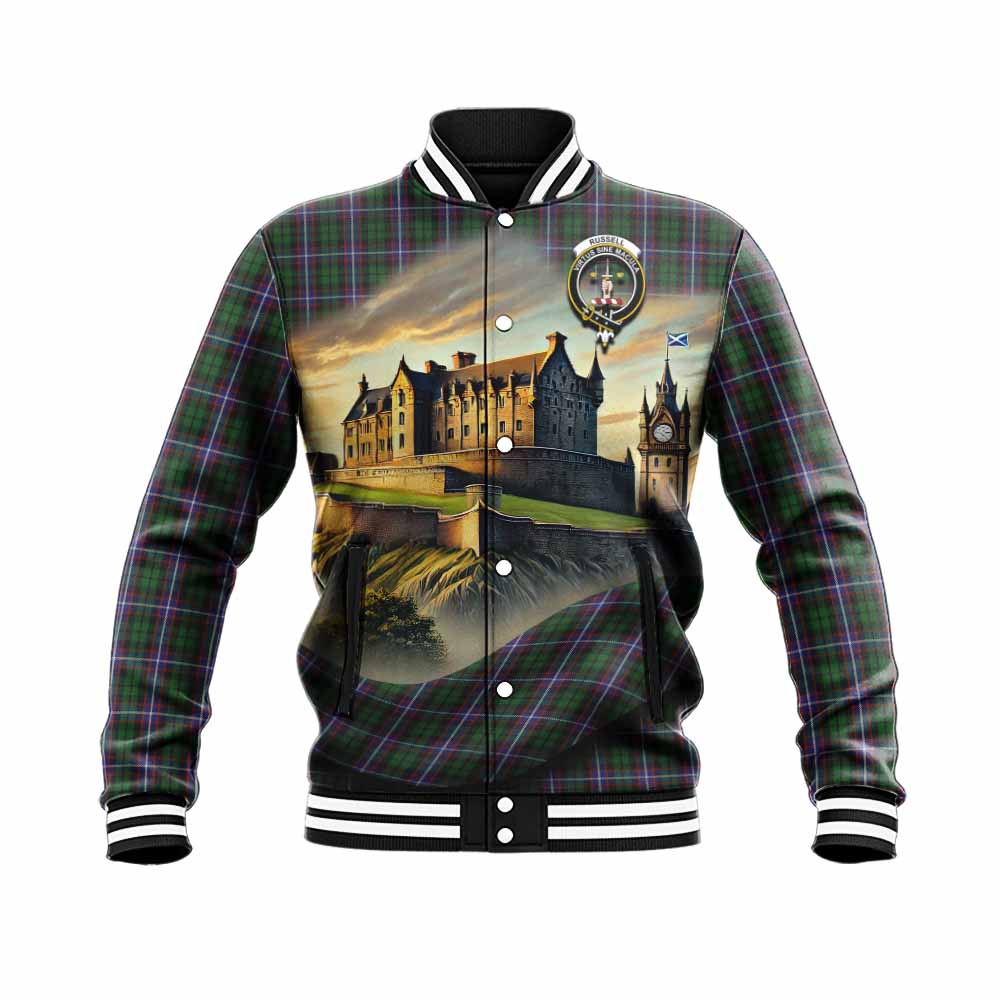 Russell Tartan Family Crest Baseball Jacket with Scottish Ancient Castle Style Unisex - Tartan Vibes Clothing