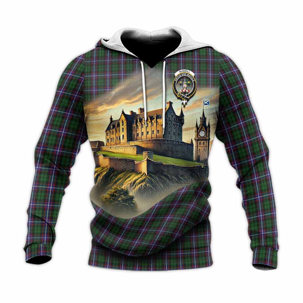 Russell Tartan Family Crest Knitted Hoodie with Scottish Ancient Castle Style Unisex Knitted Pullover Hoodie - Tartan Vibes Clothing