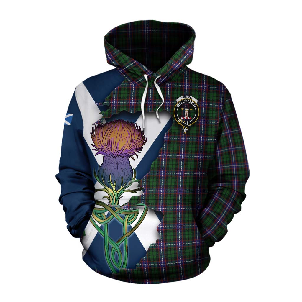 Tartan Vibes Clothing Russell Tartan Family Crest Cotton Hoodie Scottish Thistle Celtic Inspired