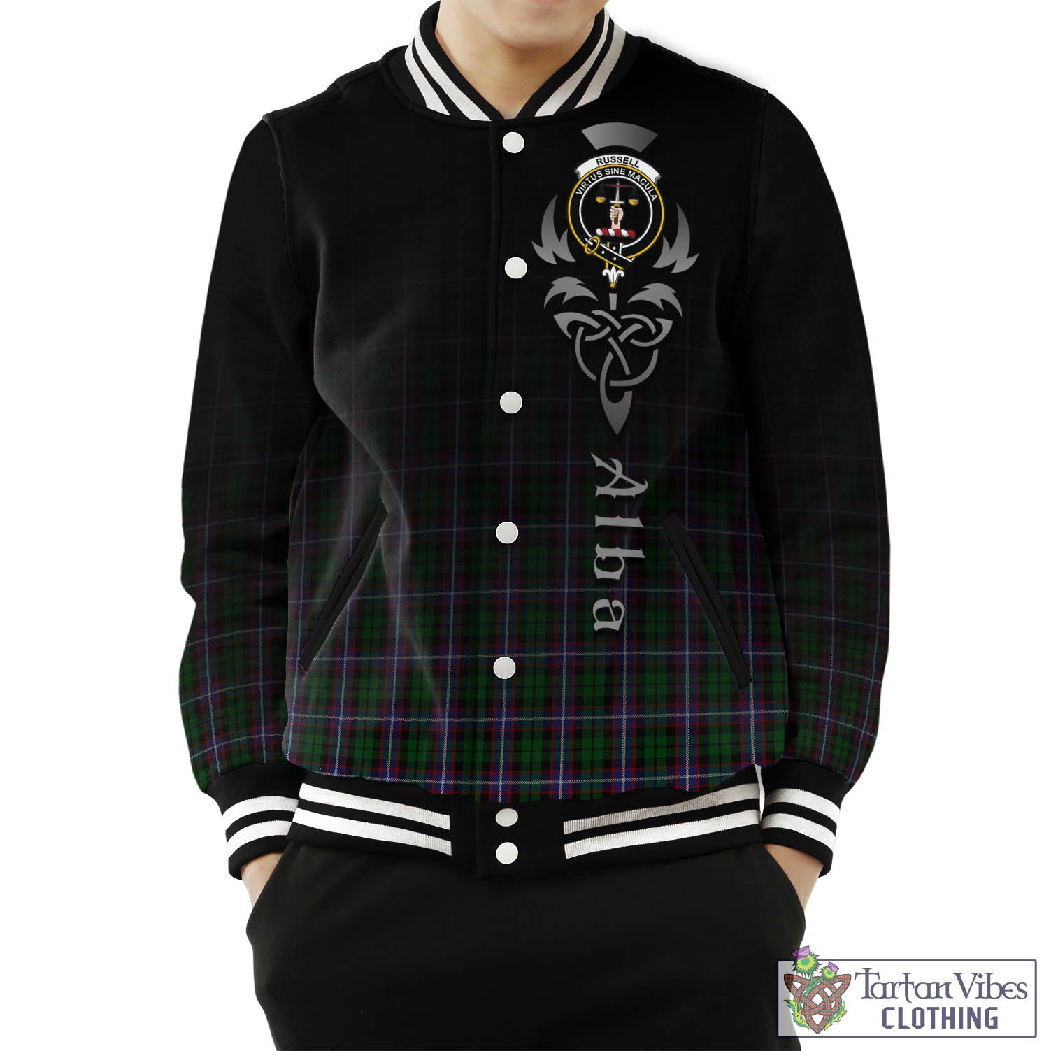 Russell Tartan Baseball Jacket Featuring Alba Gu Brath Family Crest Celtic Inspired Unisex - Tartan Vibes Clothing