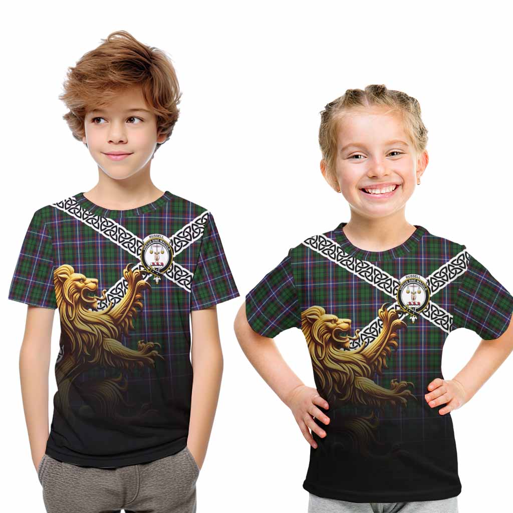 Russell Crest Tartan Kid T-Shirt with Golden Lion Emblem Celtic Style Youth XL Size14 - Tartan Vibes Clothing