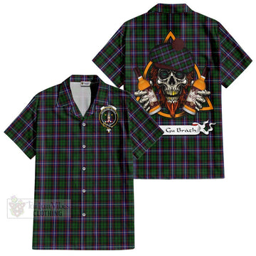 Russell Tartan Hawaiian Shirt with Family Crest and Bearded Skull Holding Bottles of Whiskey Kid - Tartan Vibes Clothing