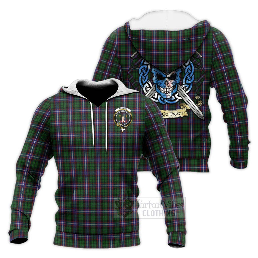 Russell Tartan Knitted Hoodie with Family Crest Celtic Skull Style Unisex Knitted Pullover Hoodie - Tartan Vibes Clothing