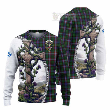 Russell Tartan Knitted Sweater with Family Crest and St. Andrew's Cross Accented by Thistle Vines Unisex - Tartan Vibes Clothing