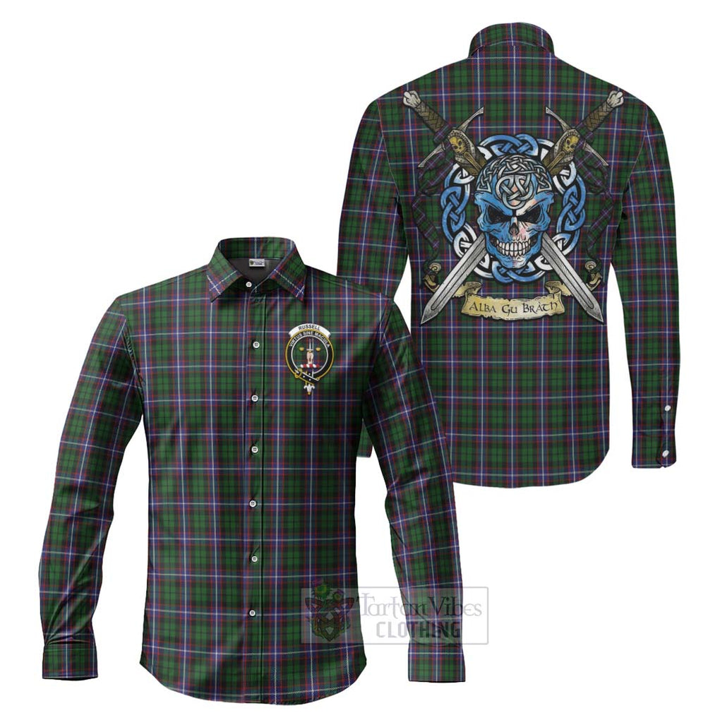 Russell Tartan Long Sleeve Button Shirt with Family Crest Celtic Skull Style Men's Shirt S - Tartan Vibes Clothing