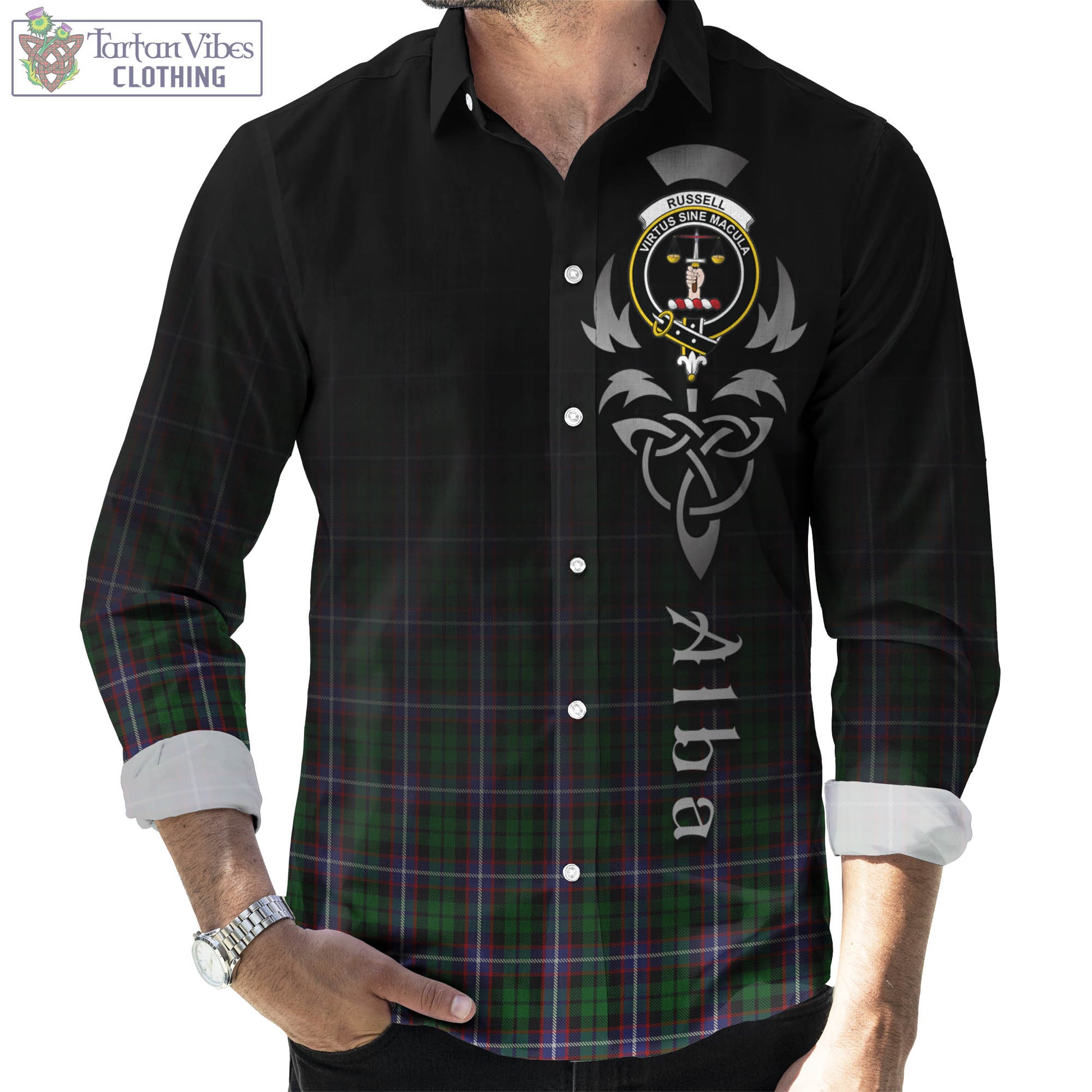 Russell Tartan Long Sleeve Button Up Featuring Alba Gu Brath Family Crest Celtic Inspired Men's Shirt - Tartan Vibes Clothing