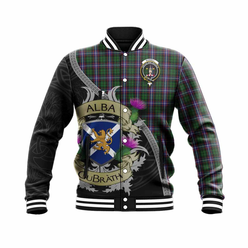 Russell Tartan Family Crest Baseball Jacket Lion Rampant Royal Thistle Shield Celtic Inspired Unisex - Tartan Vibes Clothing