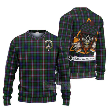 Russell Tartan Ugly Sweater with Family Crest and Bearded Skull Holding Bottles of Whiskey Unisex - Tartan Vibes Clothing