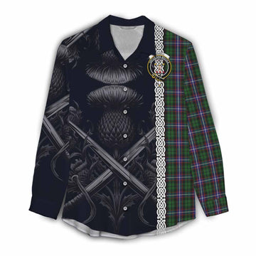 Tartan Vibes Clothing Russell Tartan Women's Casual Shirt with Family Crest Cross Sword Thistle Celtic Vibes