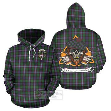 Russell Tartan Hoodie with Family Crest and Bearded Skull Holding Bottles of Whiskey Zip Hoodie - Tartan Vibes Clothing