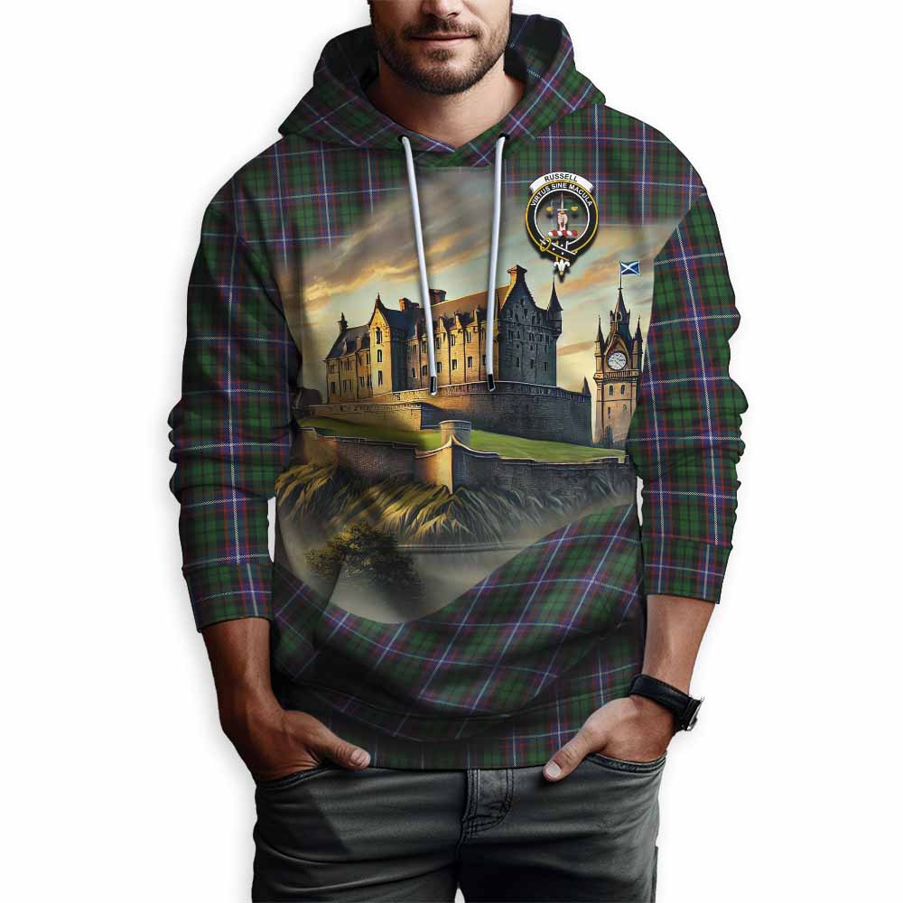 Russell Tartan Family Crest Hoodie with Scottish Ancient Castle Style Pullover Hoodie - Tartan Vibes Clothing