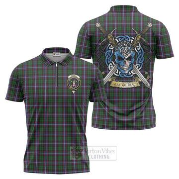 Russell Tartan Zipper Polo Shirt with Family Crest Celtic Skull Style Unisex - Tartan Vibes Clothing