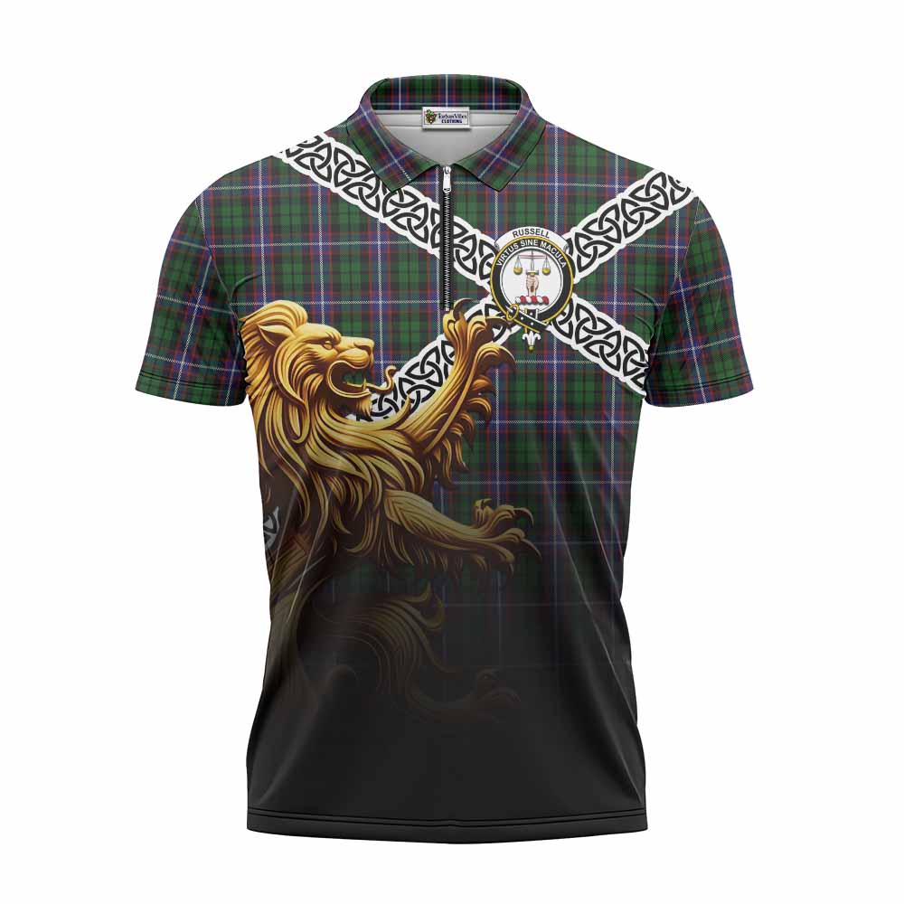 Russell Crest Tartan Zipper Polo Shirt with Golden Lion Emblem Celtic Style Unisex - Tartan Vibes Clothing