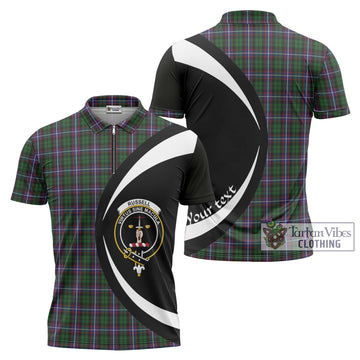 Russell Tartan Zipper Polo Shirt with Family Crest Circle Style Unisex - Tartan Vibes Clothing