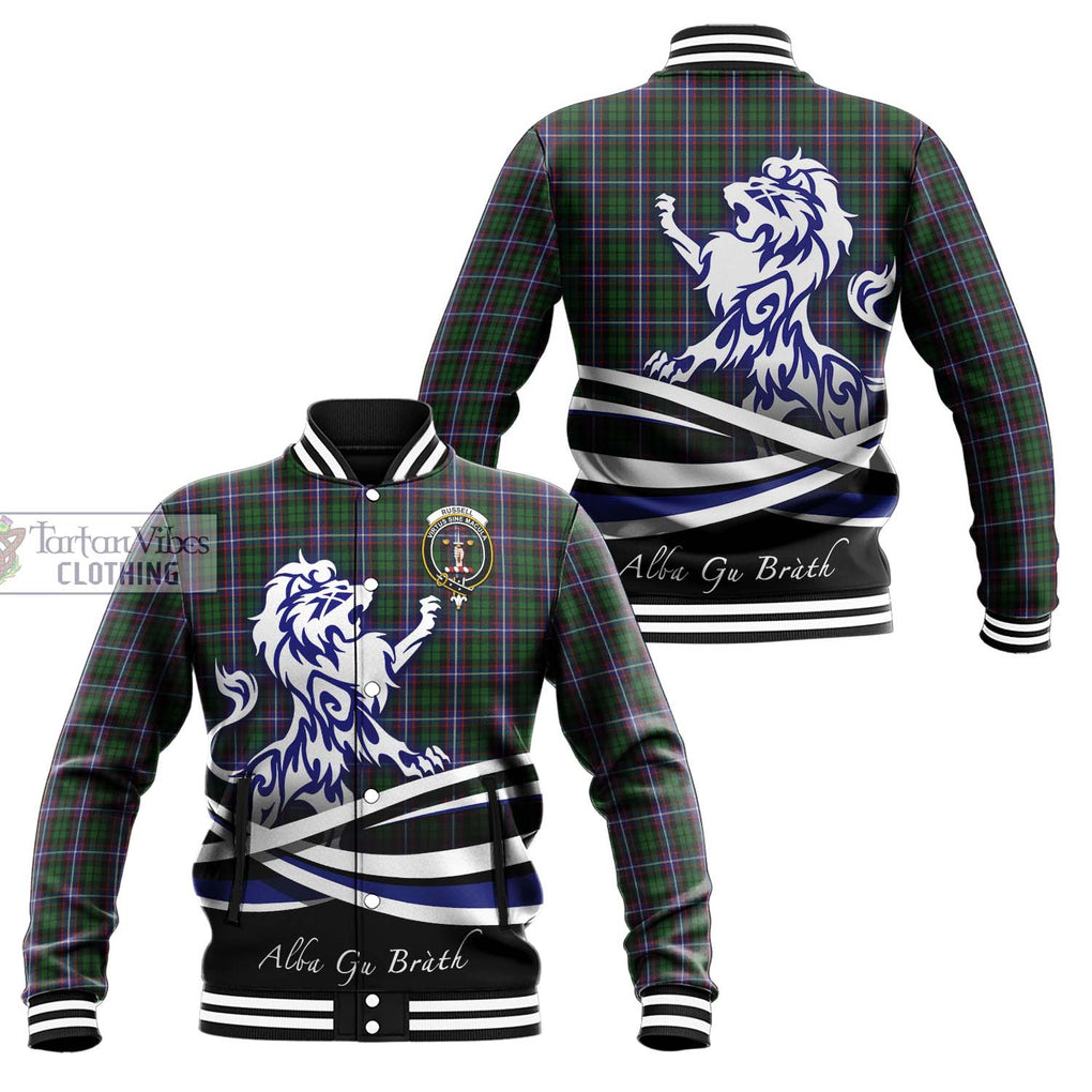 Russell Tartan Baseball Jacket with Alba Gu Brath Regal Lion Emblem Unisex - Tartan Vibes Clothing