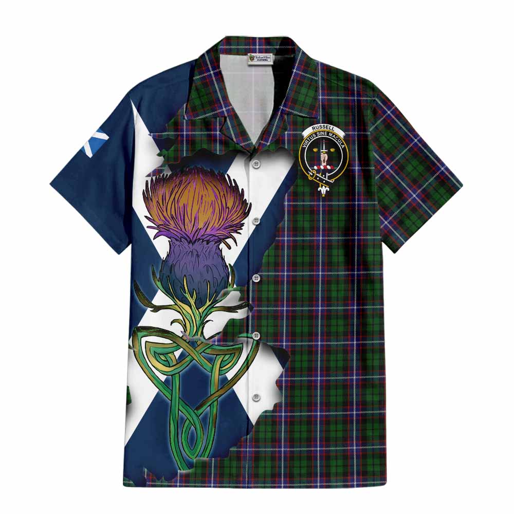 Tartan Vibes Clothing Russell Tartan Family Crest Short Sleeve Button Shirt Scottish Thistle Celtic Inspired