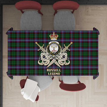 Tartan Vibes Clothing Russell Tartan Tablecloth with Clan Crest and the Golden Sword of Courageous Legacy