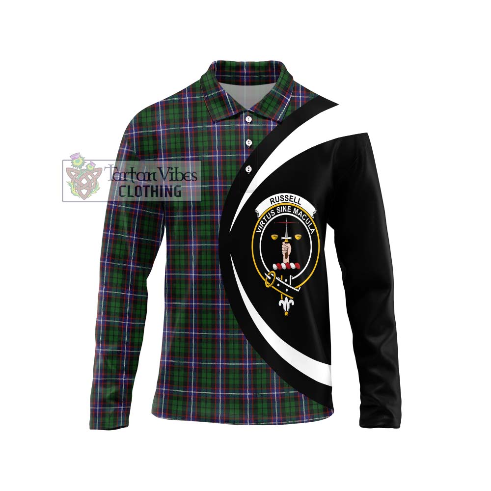 Russell Tartan Long Sleeve Polo Shirt with Family Crest Circle Style Unisex - Tartan Vibes Clothing