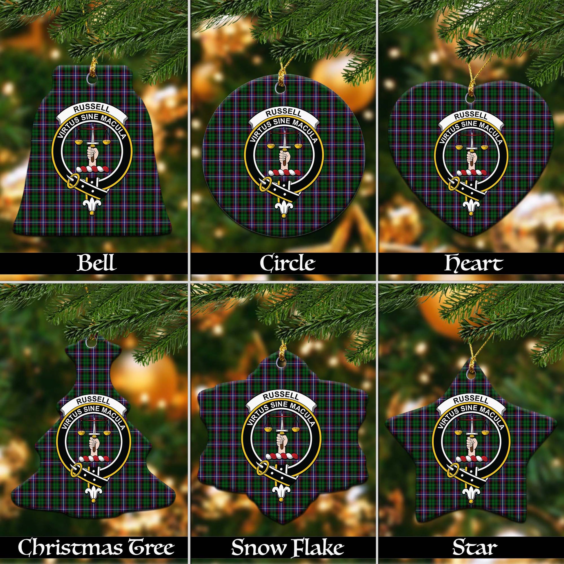 Russell Tartan Christmas Ceramic Ornaments with Family Crest Ceramic - Tartan Vibes Clothing