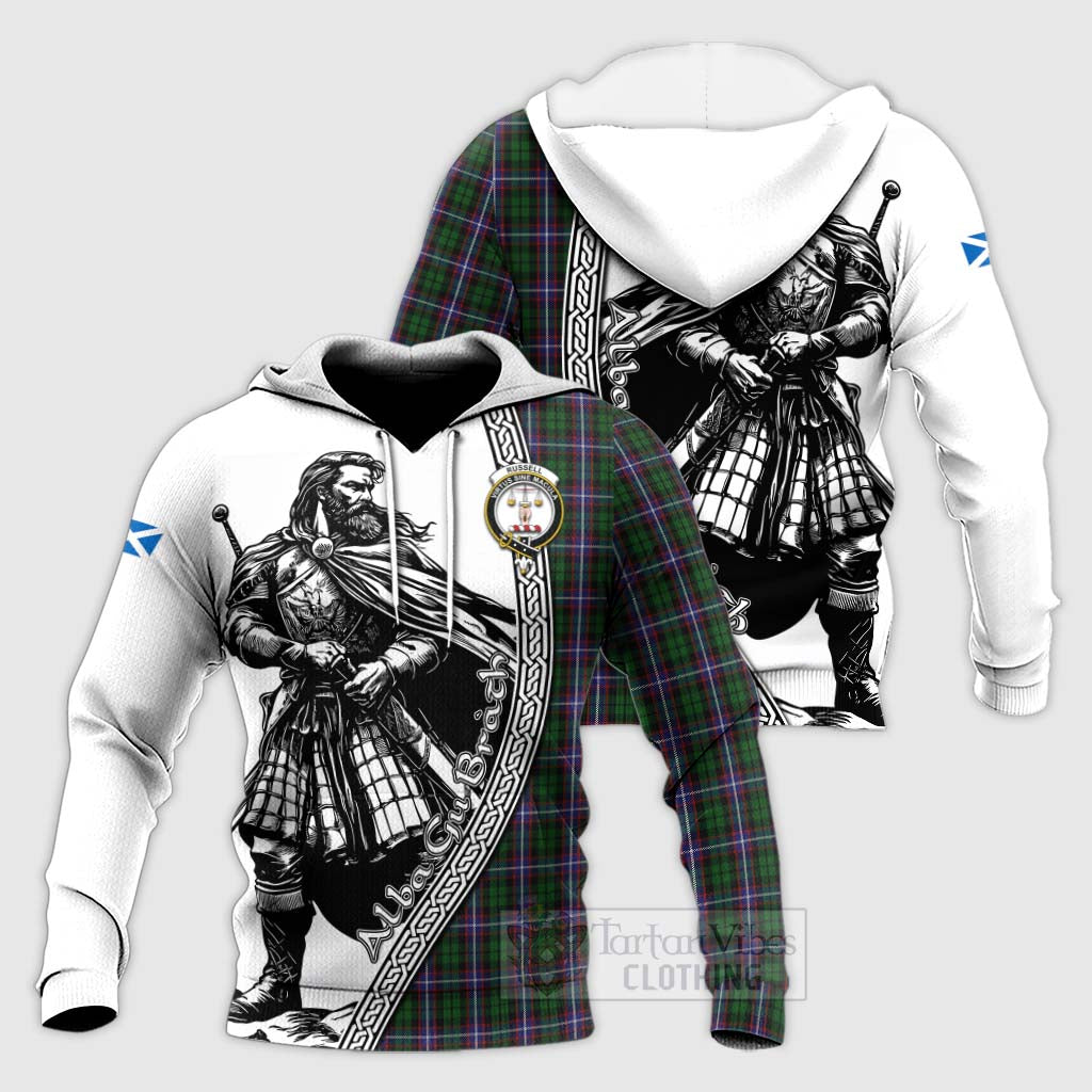 Russell Tartan Clan Crest Knitted Hoodie with Highlander Warrior Celtic Style Unisex Knitted Pullover Hoodie - Tartan Vibes Clothing
