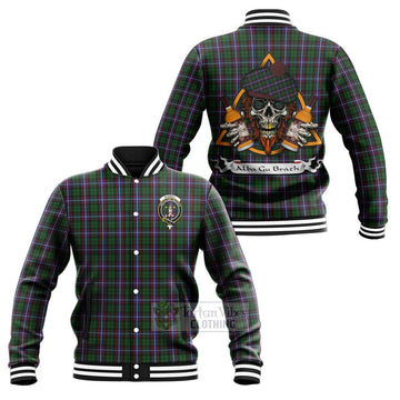 Russell Tartan Baseball Jacket with Family Crest and Bearded Skull Holding Bottles of Whiskey Unisex - Tartan Vibes Clothing