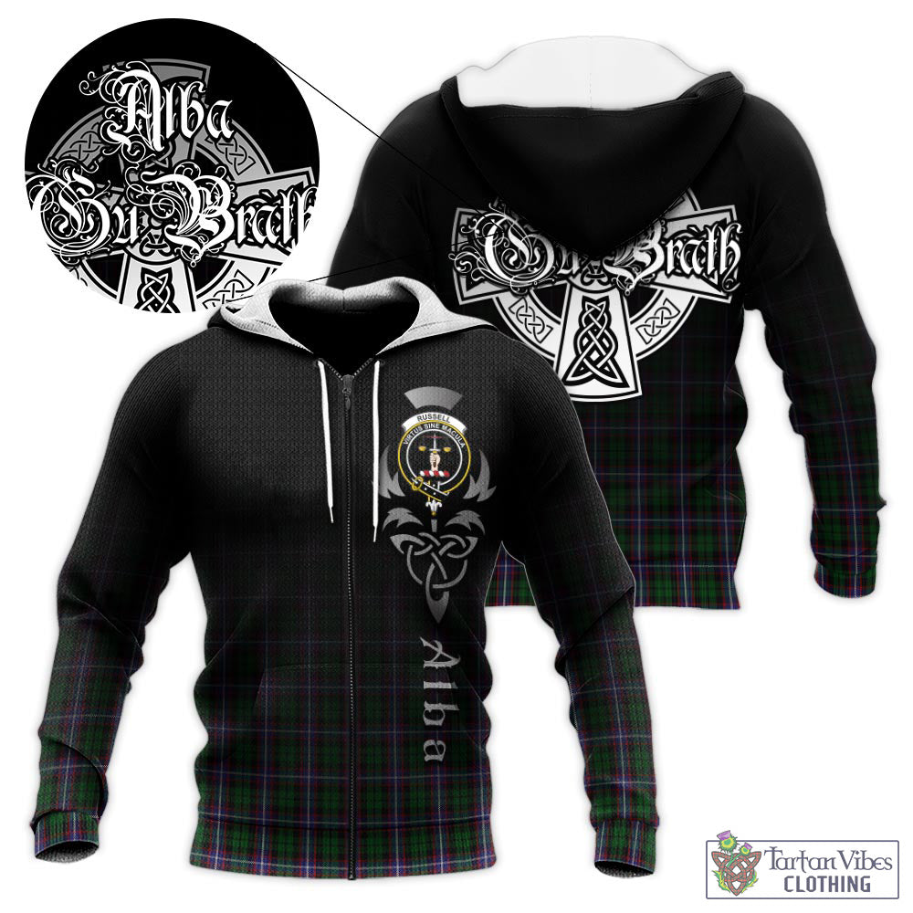 Russell Tartan Knitted Hoodie Featuring Alba Gu Brath Family Crest Celtic Inspired Unisex - Tartan Vibes Clothing