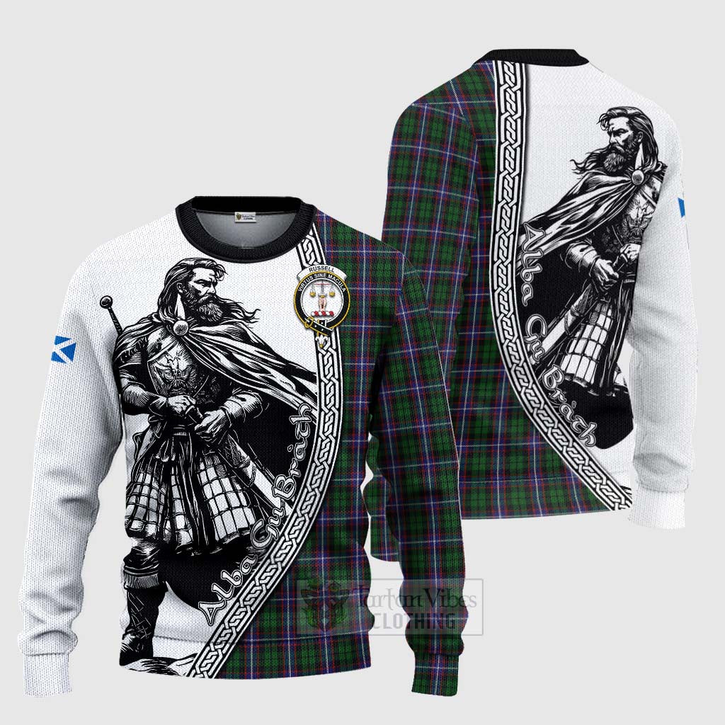 Russell Tartan Clan Crest Knitted Sweater with Highlander Warrior Celtic Style Unisex - Tartan Vibes Clothing