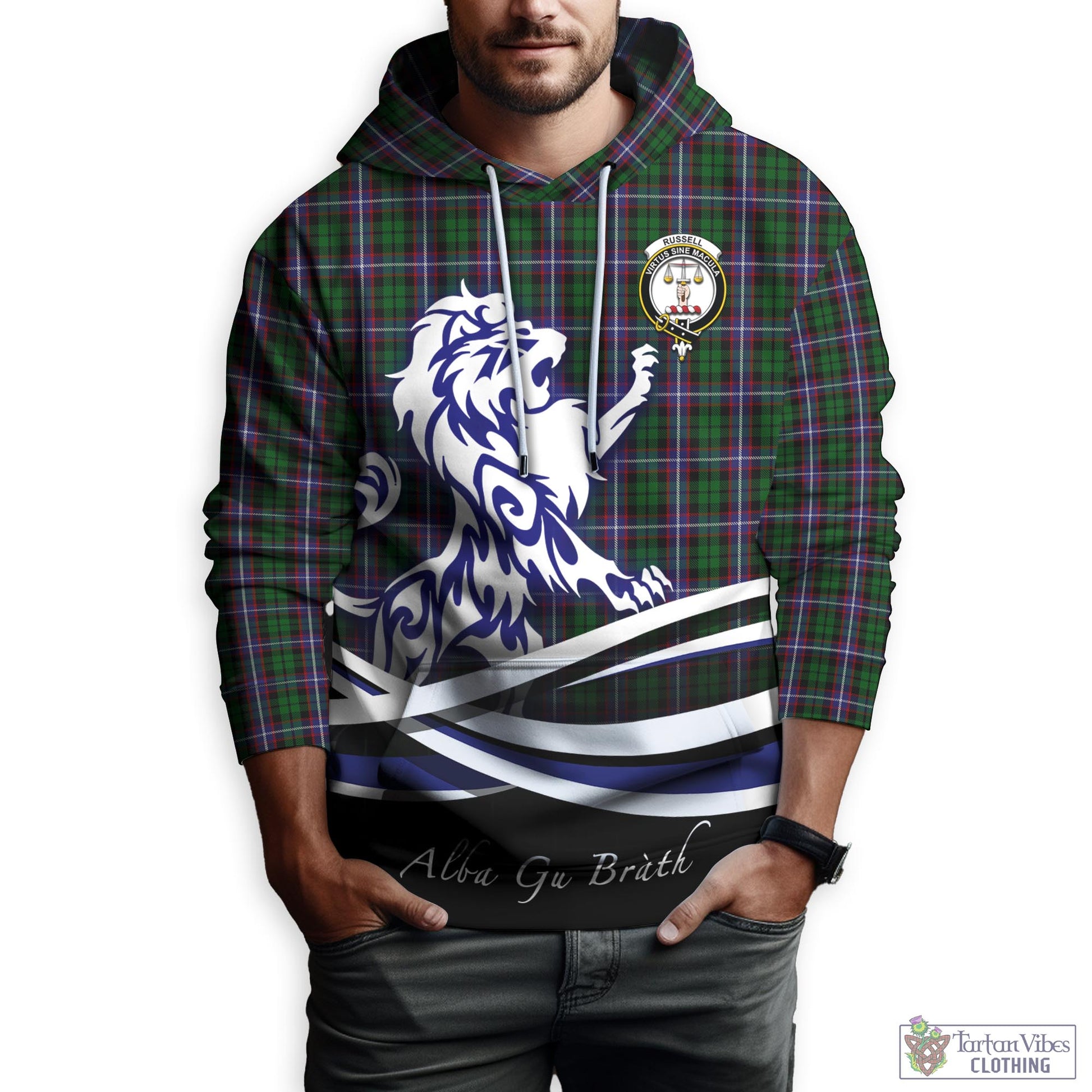 Russell Tartan Hoodie with Alba Gu Brath Regal Lion Emblem Zip Hoodie - Tartan Vibes Clothing