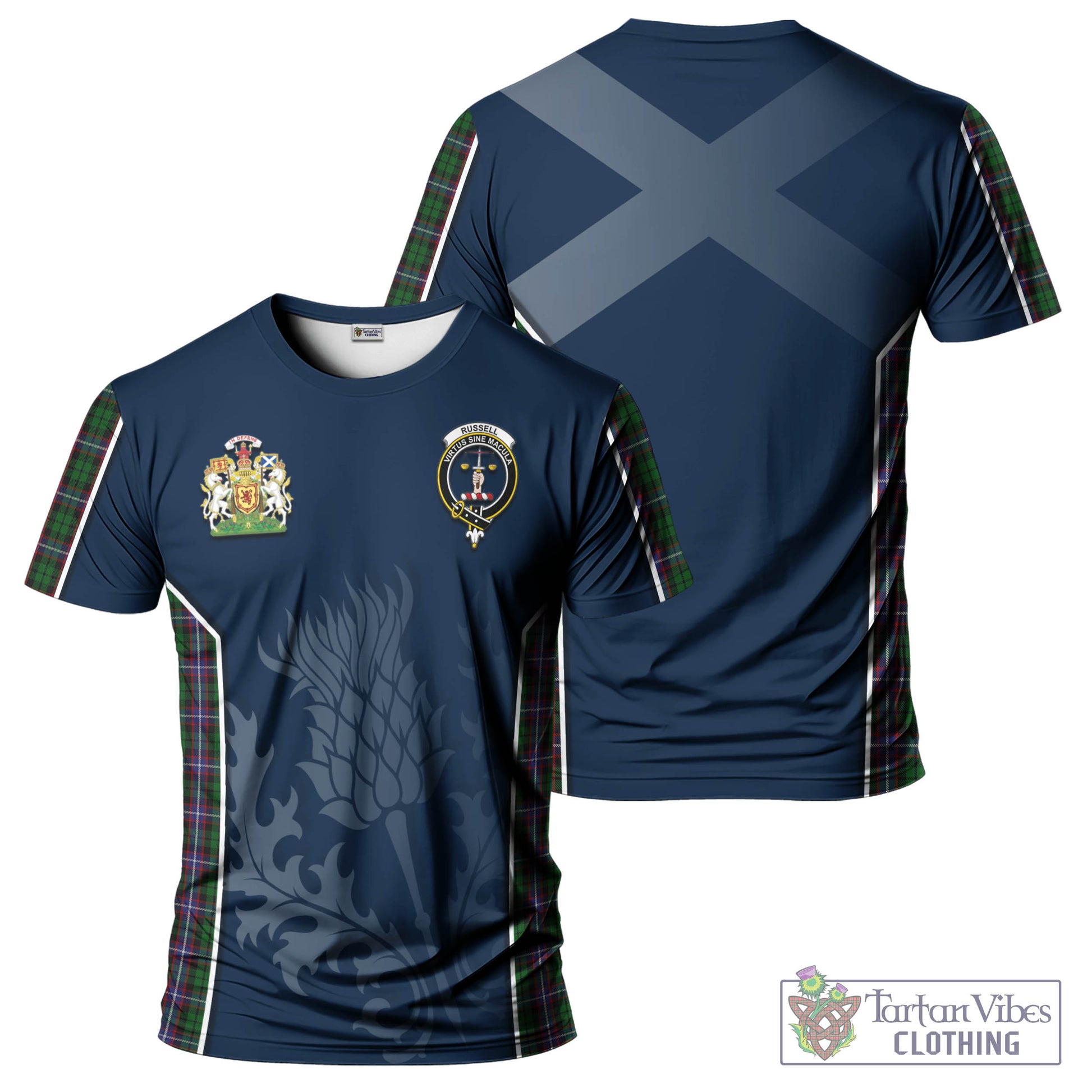 Tartan Vibes Clothing Russell Tartan T-Shirt with Family Crest and Scottish Thistle Vibes Sport Style