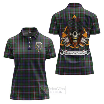 Russell Tartan Women's Polo Shirt with Family Crest and Bearded Skull Holding Bottles of Whiskey Women - Tartan Vibes Clothing