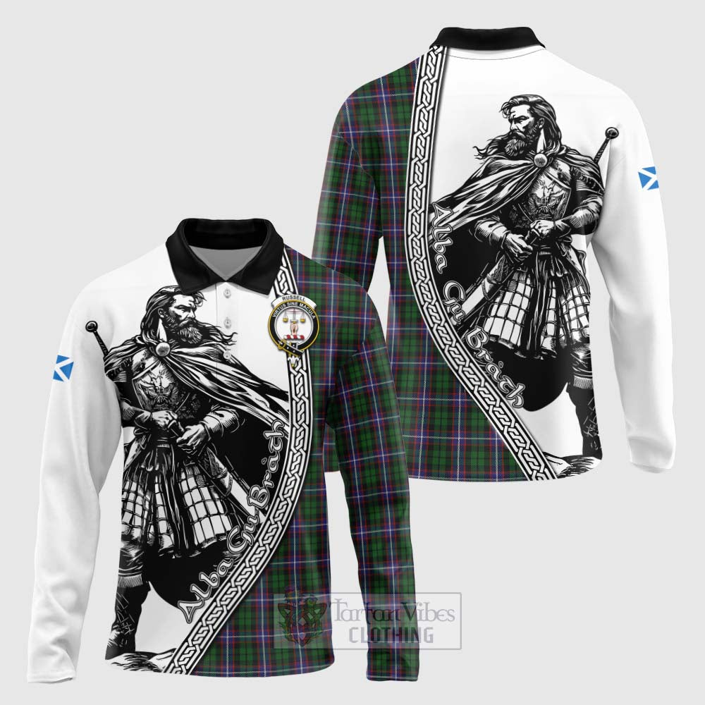Russell Tartan Clan Crest Long Sleeve Polo Shirt with Highlander Warrior Celtic Style Unisex - Tartan Vibes Clothing