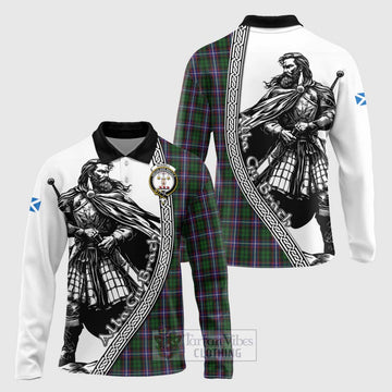 Russell Tartan Clan Crest Long Sleeve Polo Shirt with Highlander Warrior Celtic Style Unisex - Tartan Vibes Clothing